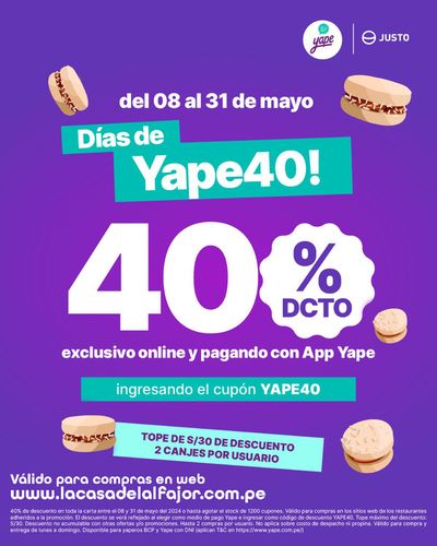 Ofertas de Restaurantes en Callao | Días de Yape 40! de La Casa del Alfajor | 15/5/2024 - 31/5/2024