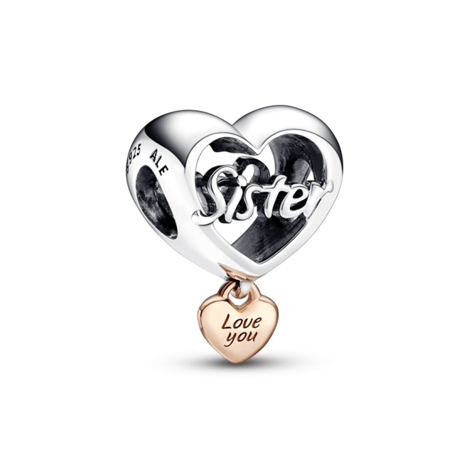 Oferta de Charm Corazón Yo te amo hermana Recubrimiento en Oro Rosa de 14k por S/ 455 en Pandora