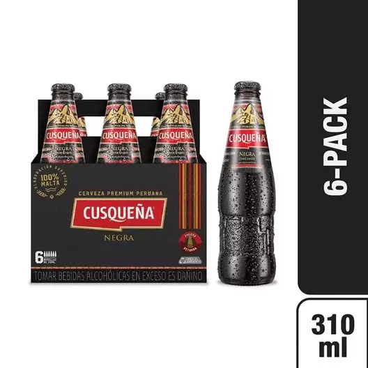 Oferta de Cerveza Cusqueña Negra Six Pack Botella 310 ml por S/ 26,9 en Tambo