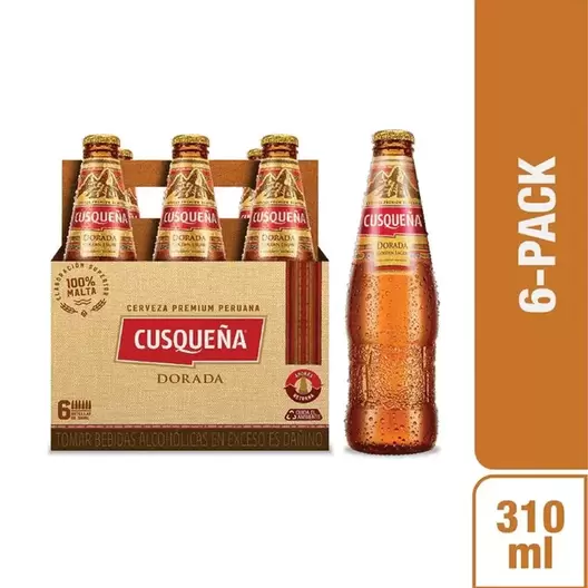 Oferta de Cerveza Cusqueña Dorada Six Pack Botella 310 ml por S/ 26,9 en Tambo