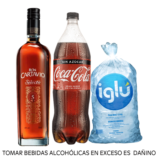 Oferta de Pack Ron Cartavio Selecto 5 años 750 Ml + Coca Cola Sin Azúcar 1.5 L + Hielo 1.5kg por S/ 44,8 en Tambo