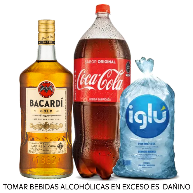 Oferta de Pack Ron Bacardi Garrafa 1.75 L + Gaseosa Coca Cola 3 L + Hielo 1.5 kg por S/ 92,4 en Tambo