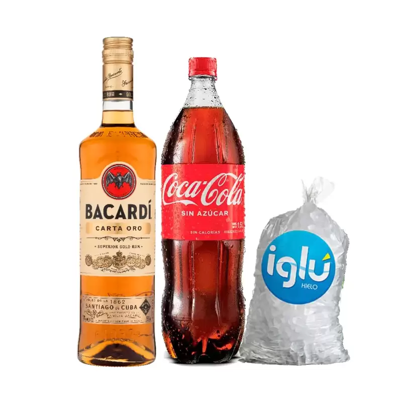 Oferta de Pack Ron Bacardi Carta Oro 750 ml + Coca Cola Sin Azúcar 1.5 L + Hielo 1.5 Kg por S/ 57,8 en Tambo