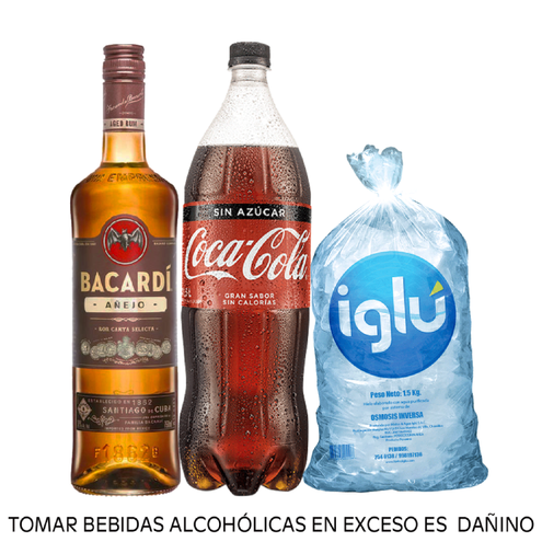 Oferta de Pack Ron Bacardi Añejo 750 ml + Coca Cola Sin Azúcar 1.5 L + Hielo por S/ 66,8 en Tambo
