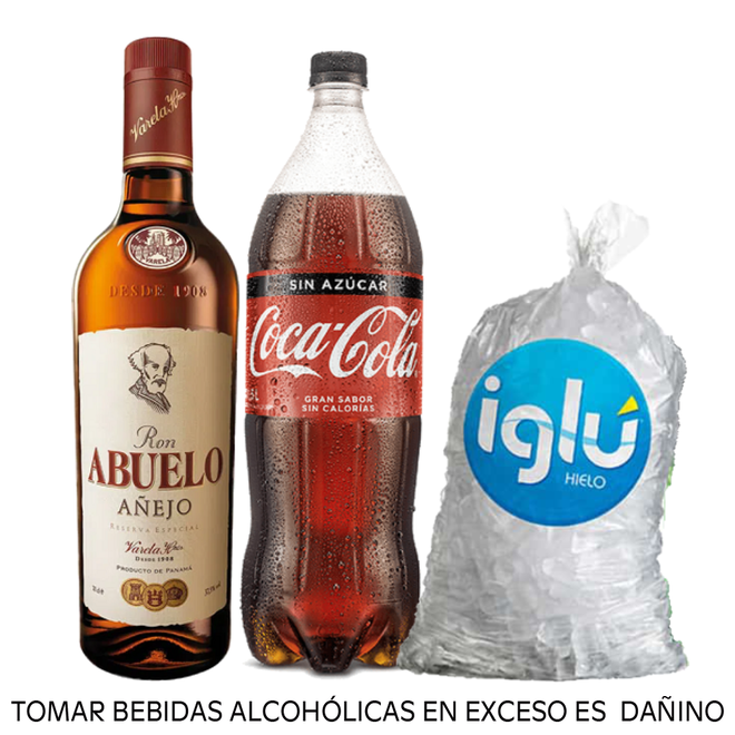 Oferta de Pack Ron Abuelo Añejo 750 ml + Coca Cola Sin Azúcar 1.5 L + Hielo 1.5 Kg por S/ 63,8 en Tambo