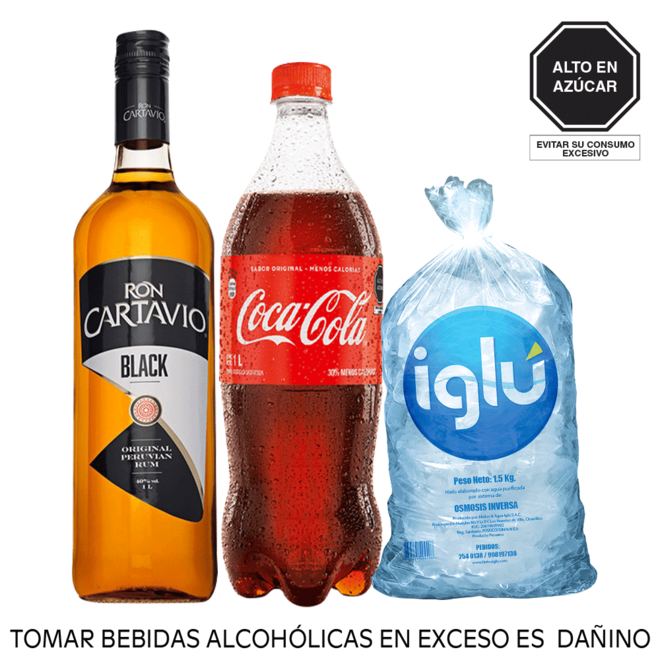 Oferta de Pack Ron Cartavio Black 1 L + Coca Cola 1 L + Hielo 1.5 K por S/ 43,3 en Tambo