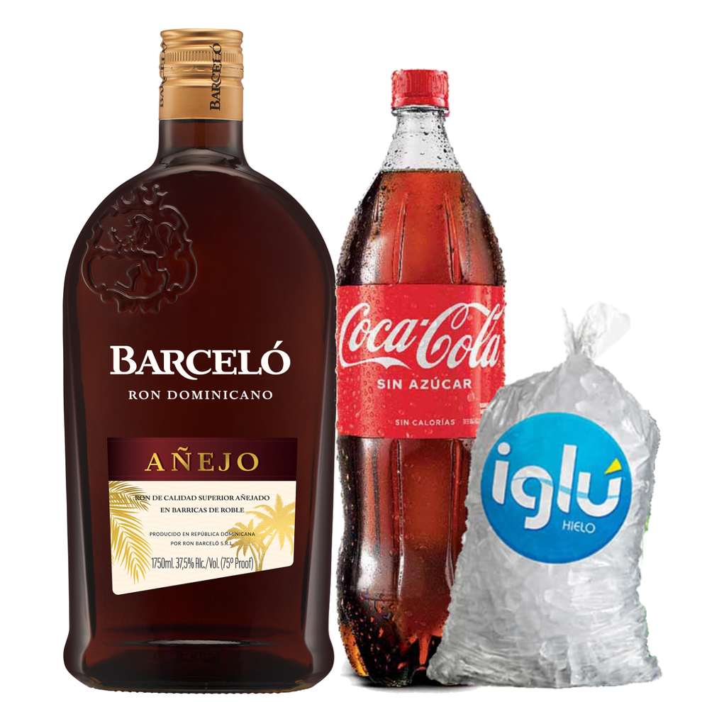 Oferta de Pack Ron Barcelo Añejo Garrafa 1.75 Lt + Coca Cola Sin Azucar 1.5 L + Hielo Iglu Bolsa 1.5 por S/ 105,8 en Tambo