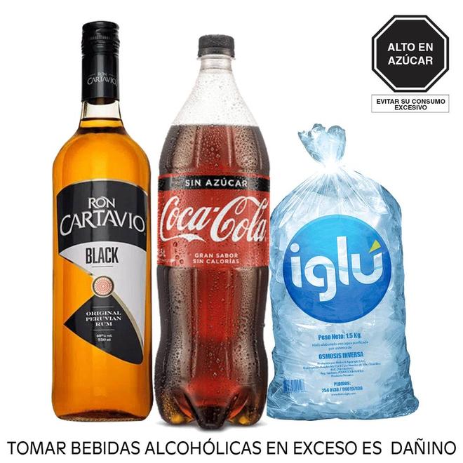 Oferta de Pack Ron Cartavio Black 750 ml + Coca Cola Sin Azúcar 1.5 L + Hielo 1.5 kg por S/ 41,4 en Tambo
