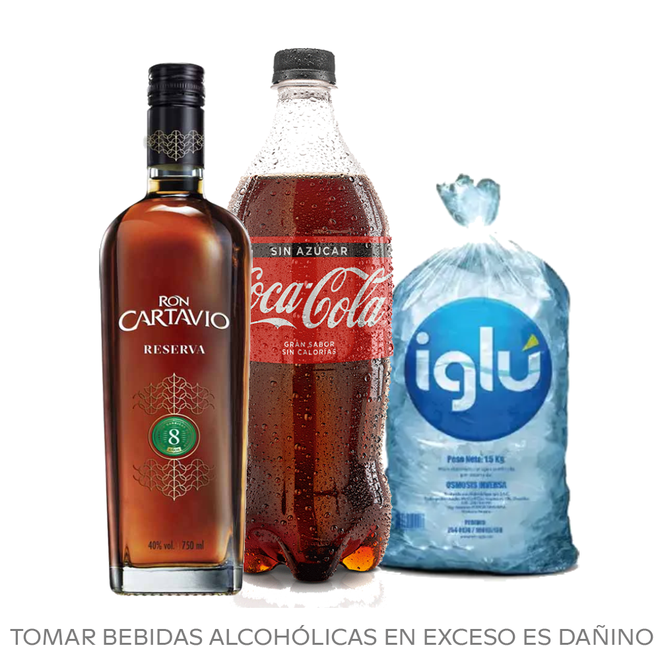 Oferta de Pack Ron Cartavio Reserva 8 Años 750 ml + Coca Cola Sin Azúcar 1 L + Hielo 1.5 kg por S/ 56,3 en Tambo