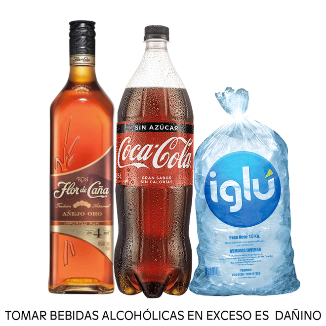Oferta de Pack Ron Flor de Caña Oro 4 años 750 ml + Coca Cola Sin Azucar 1.5 L + Hielo 1.5 kg por S/ 59,8 en Tambo