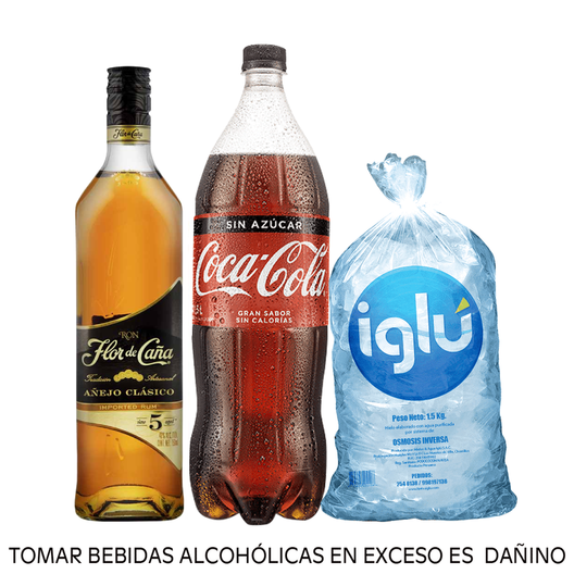 Oferta de Pack Ron Flor De Caña Oro 5 Años 750 Ml + Coca Cola Sin Azúcar 1.5 L + Hielo 1.5 kg por S/ 69,8 en Tambo