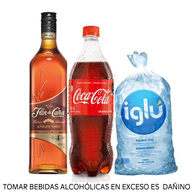 Oferta de Pack Ron Flor de Caña Oro 4 años 750 ml + Coca Cola 1L + Hielo 1.5 kg por S/ 57,3 en Tambo