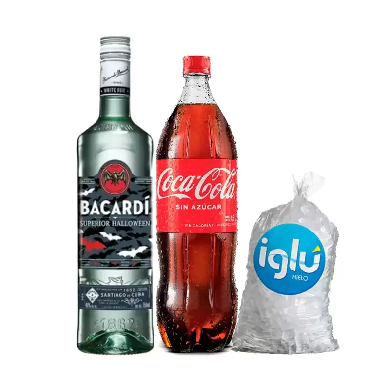 Oferta de Pack Ron Bacardi Carta Blanca Edición Halloween 750 ml + Gaseosa Coca Cola Sin Azúcar 1.5 L + Hielo 1.5 kg por S/ 57,8 en Tambo