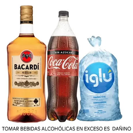 Oferta de Pack Ron Bacardi Carta Oro Garrafa 1.75 L + Gaseosa Coca Cola Sin Azúcar 1.5 L + Hielo Iglu Bolsa por S/ 87,8 en Tambo