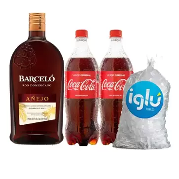 Oferta de Pack Ron Barcelo Garrafa 1.75 L + 02 Gaseosas Coca Cola 1L + Hielo 1.5 kg por S/ 108,2 en Tambo