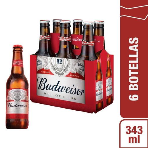 Oferta de Cerveza Budweiser Pack 6 Unidades 343 mL por S/ 23,5 en Tottus